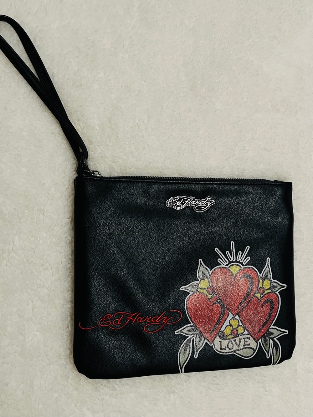 Ed Hardy Black Wristlet Clutch with Red Heart Graphic